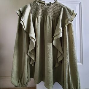 RW&CO Green Smocked Ruffled Blouse with Bib Collar